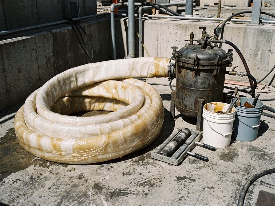 Resin-saturated felt CIPP liner and inversion drum staged on a driveway for sewer pipe lining