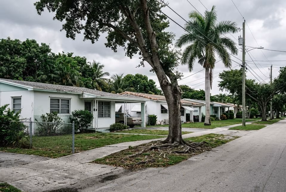 Street of 1960s single-story Fort Lauderdale ranch houses with mature shade trees