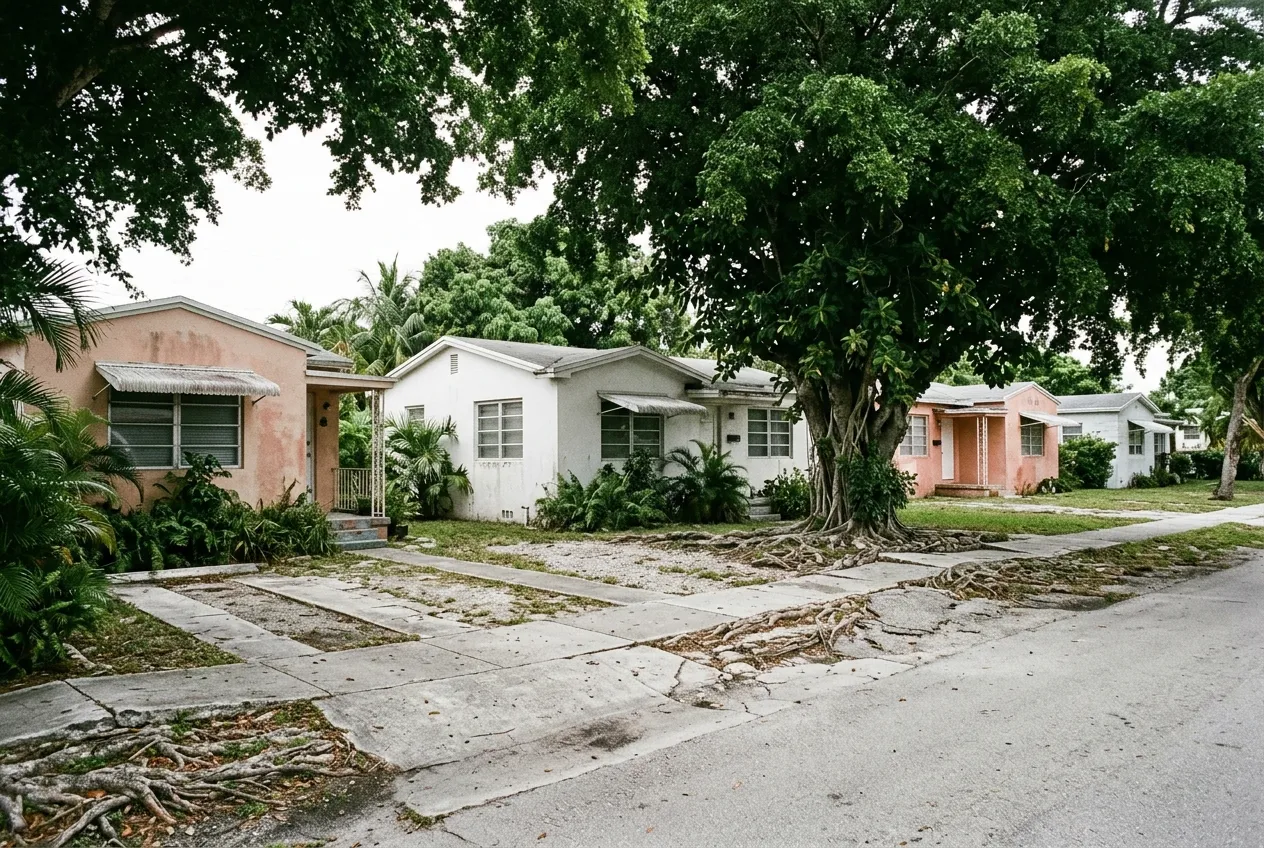 Block of 1950s Hollywood Florida bungalows with mature trees close to the sidewalk