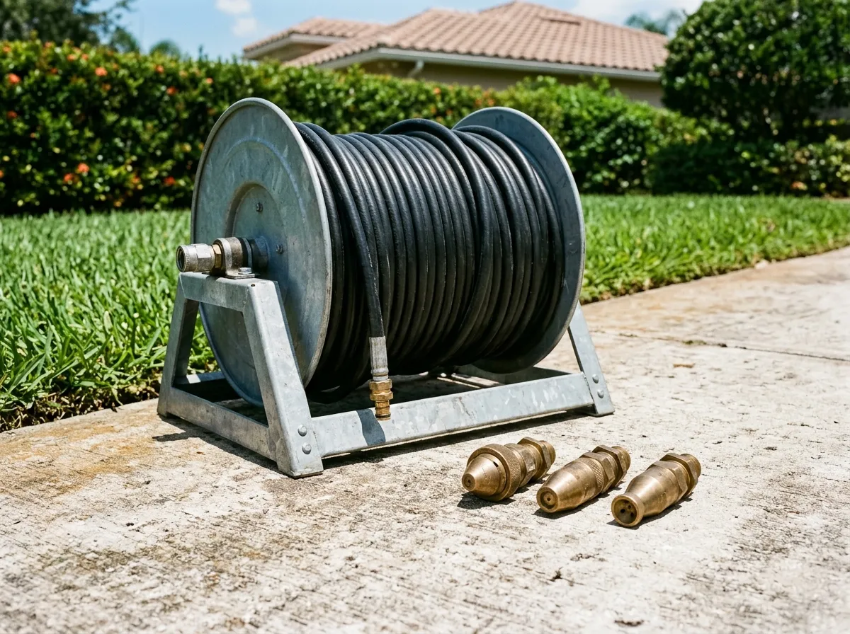 High pressure hydro jetting hose reel and nozzles staged on a Florida driveway