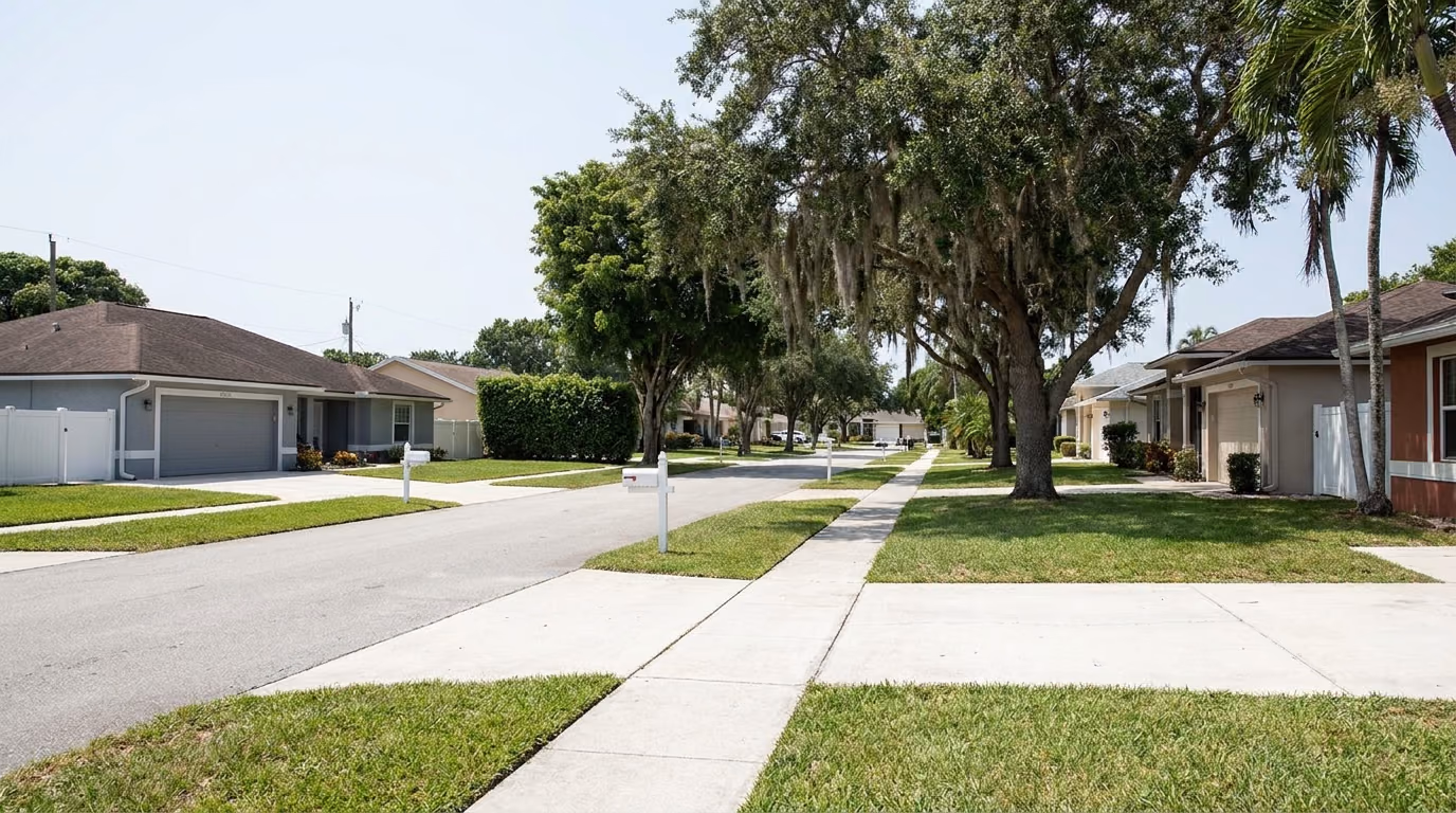 Residential street of 1970s homes in Oakland Park, Florida, built in the cast iron sewer pipe era