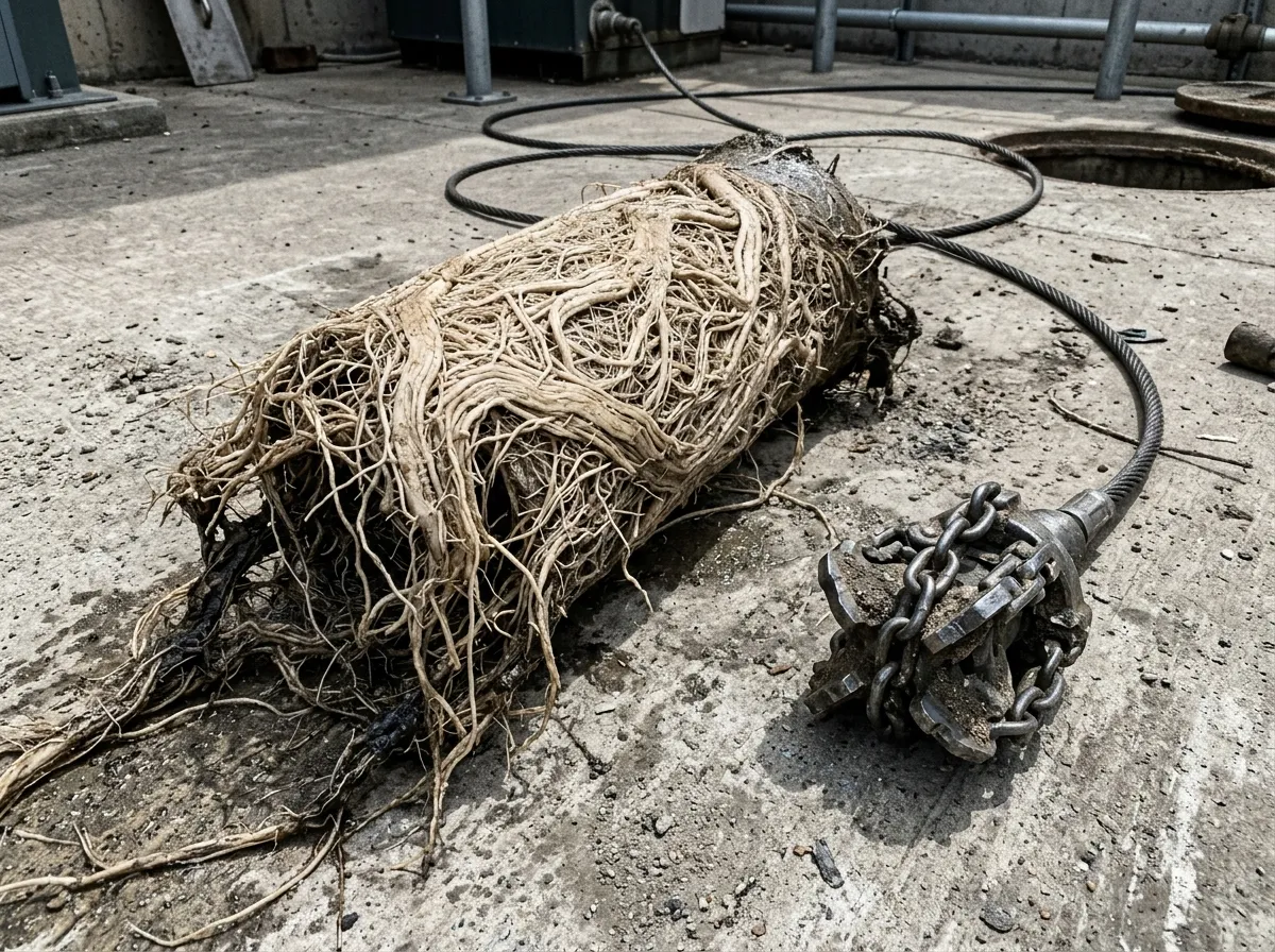 Dense root mass cut from a sewer line laid out on concrete beside a cutter head