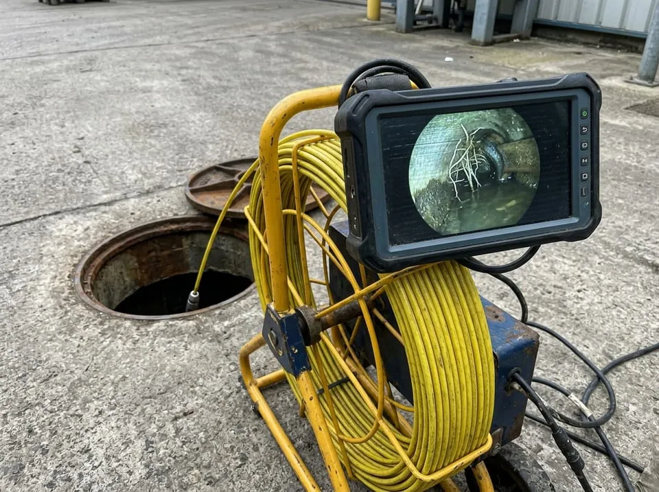 Sewer inspection camera monitor showing root intrusion at a pipe joint