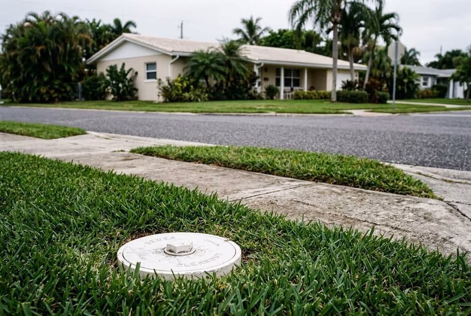 White sewer cleanout cap in a front lawn between the house and the public sidewalk