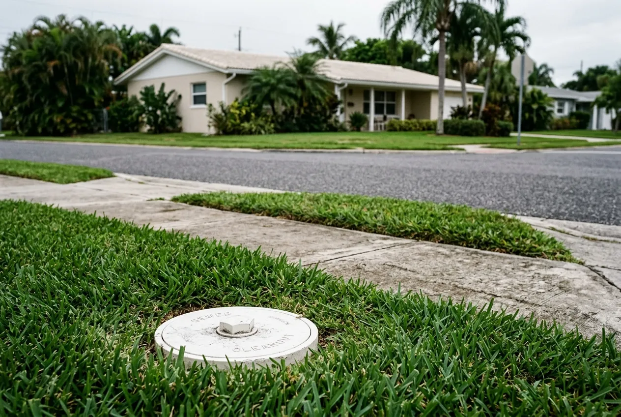 White sewer cleanout cap in a front lawn between the house and the public sidewalk