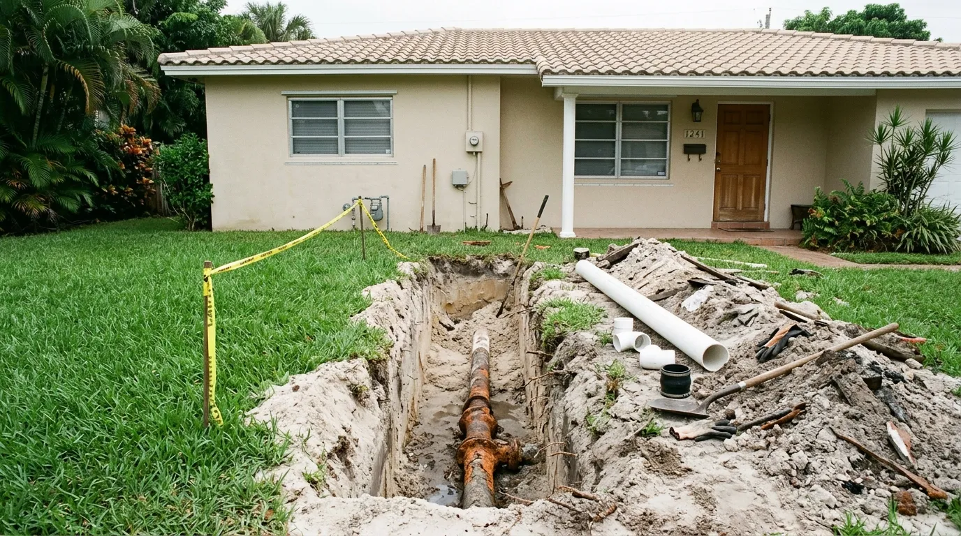 Open excavation beside a 1960s Broward block house exposing a corroded cast iron sewer lateral