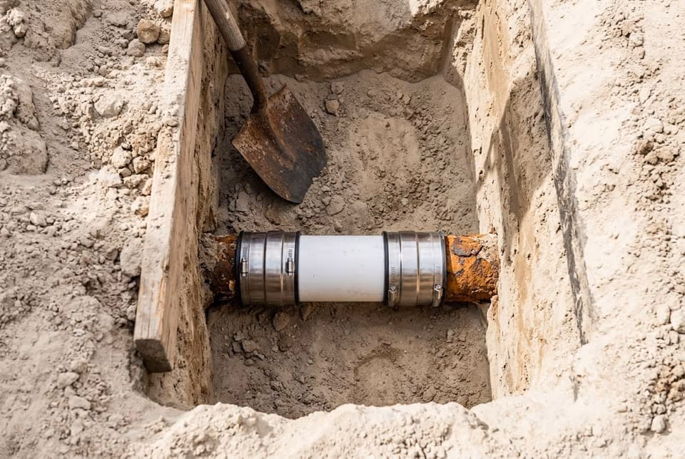 New PVC section shielded-coupled to old cast iron sewer line at the bottom of an open trench during a spot repair